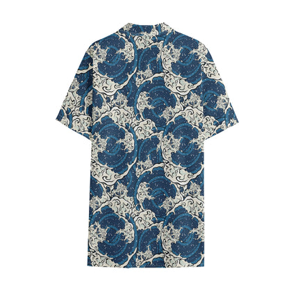 Japanese Ocean Wave Pattern Print Cotton Hawaiian Shirt