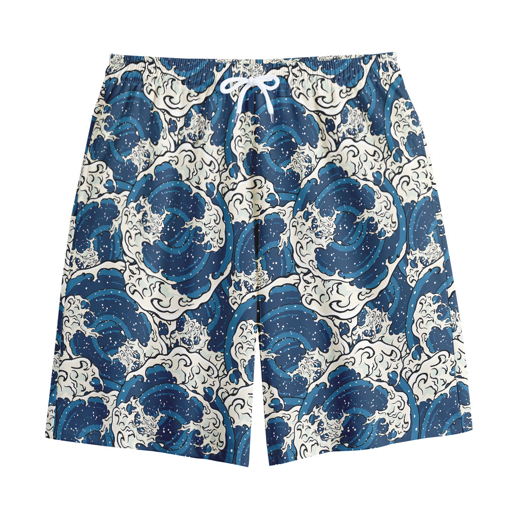 Japanese Ocean Wave Pattern Print Cotton Shorts