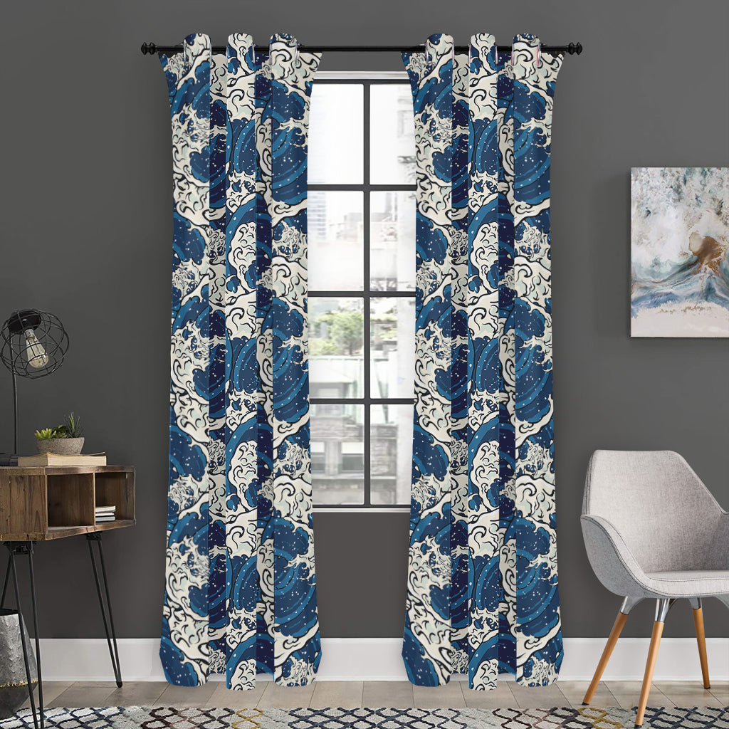 Japanese Ocean Wave Pattern Print Curtain