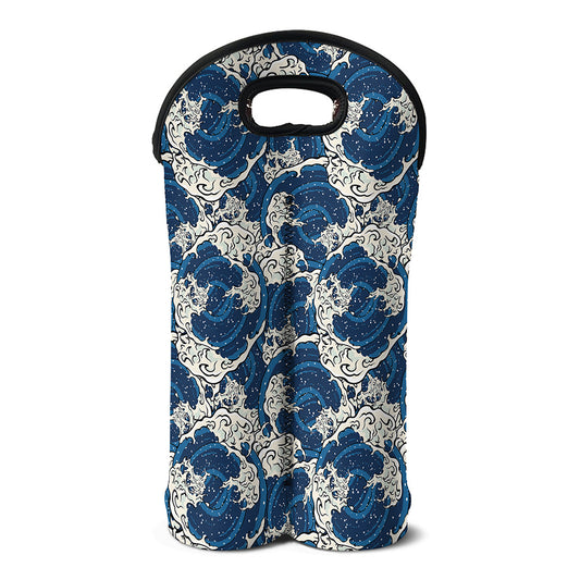 Japanese Ocean Wave Pattern Print Double Neoprene Wine Tote