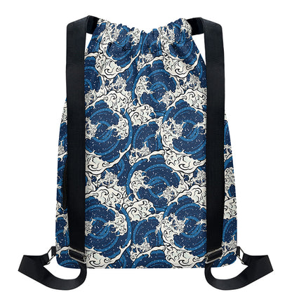 Japanese Ocean Wave Pattern Print Drawstring Backpack