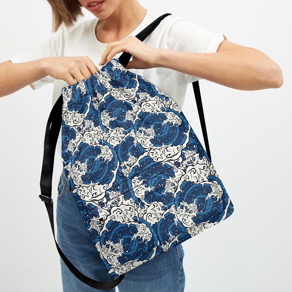 Japanese Ocean Wave Pattern Print Drawstring Backpack