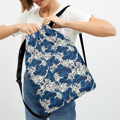 Japanese Ocean Wave Pattern Print Drawstring Backpack
