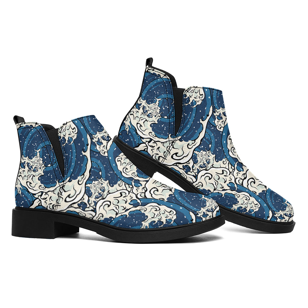 Japanese Ocean Wave Pattern Print Flat Ankle Boots