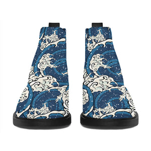 Japanese Ocean Wave Pattern Print Flat Ankle Boots