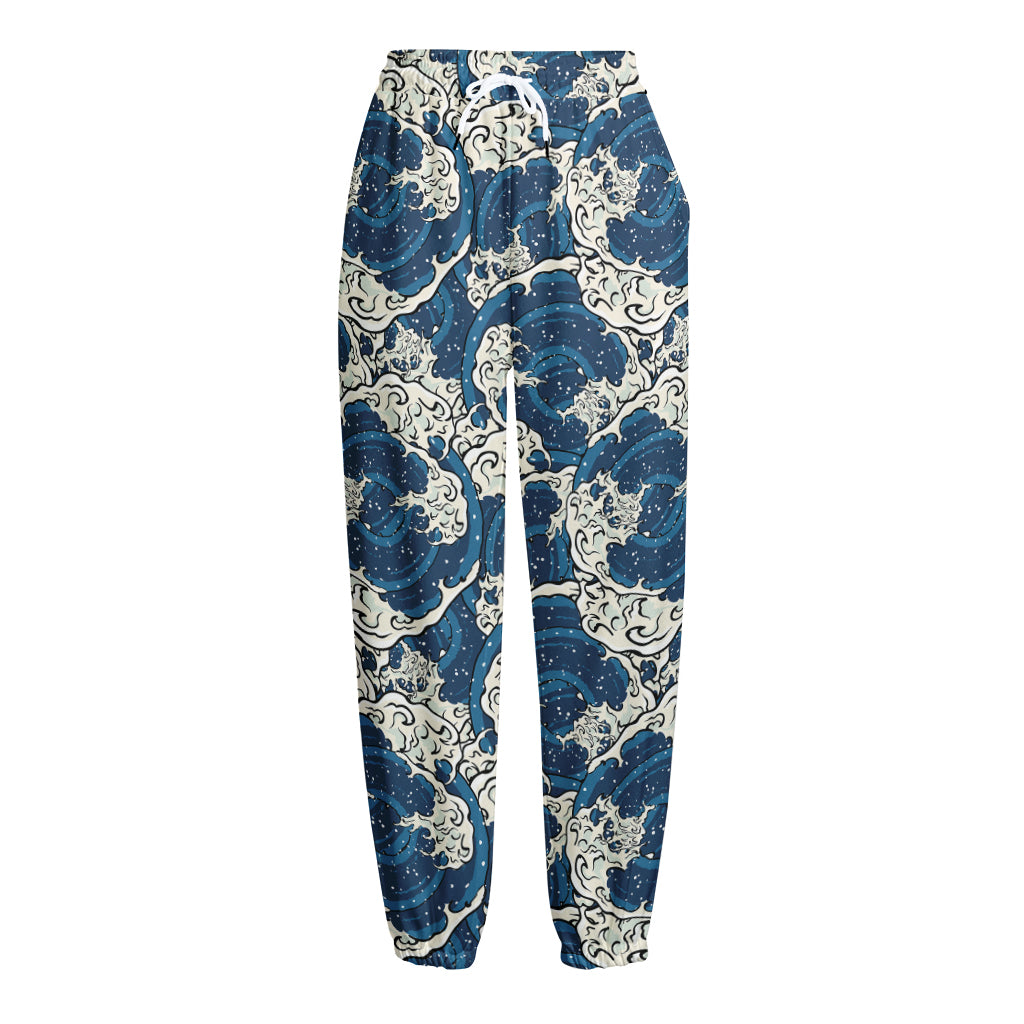 Japanese Ocean Wave Pattern Print Fleece Lined Knit Pants