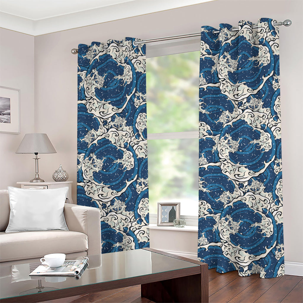 Japanese Ocean Wave Pattern Print Grommet Curtains