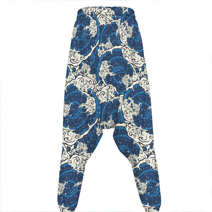 Japanese Ocean Wave Pattern Print Hammer Pants