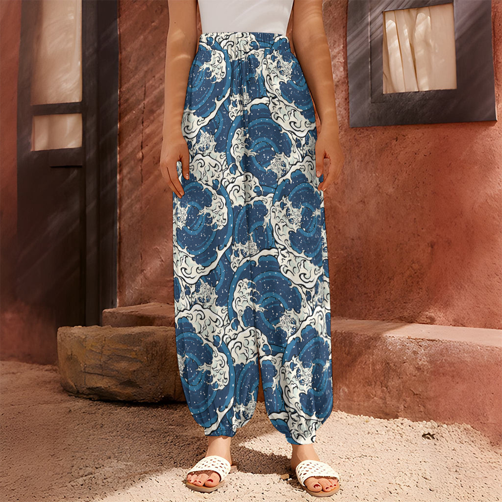 Japanese Ocean Wave Pattern Print Harem Pants