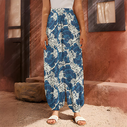 Japanese Ocean Wave Pattern Print Harem Pants