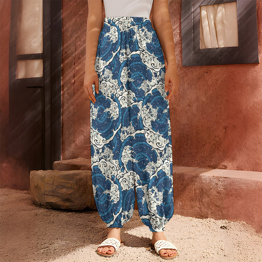 Japanese Ocean Wave Pattern Print Harem Pants