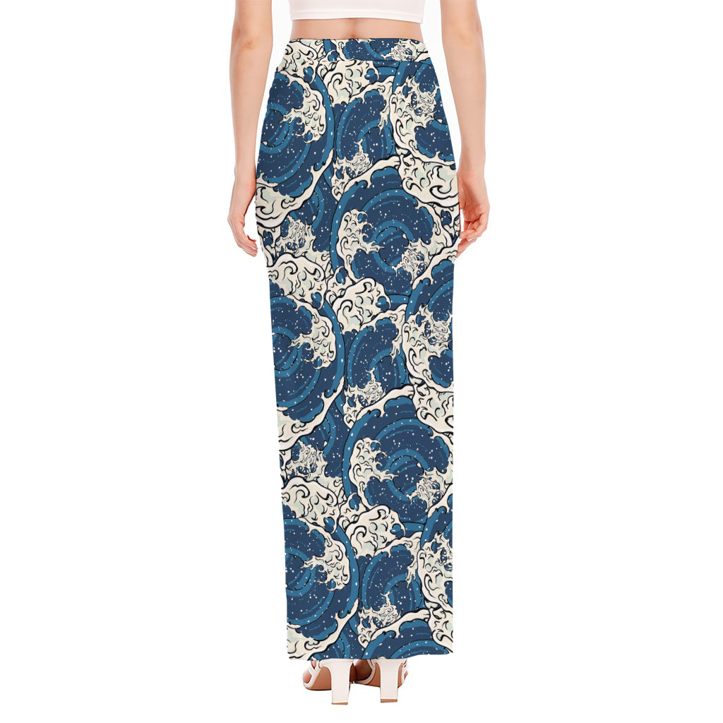 Japanese Ocean Wave Pattern Print High Slit Maxi Skirt