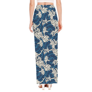 Japanese Ocean Wave Pattern Print High Slit Maxi Skirt