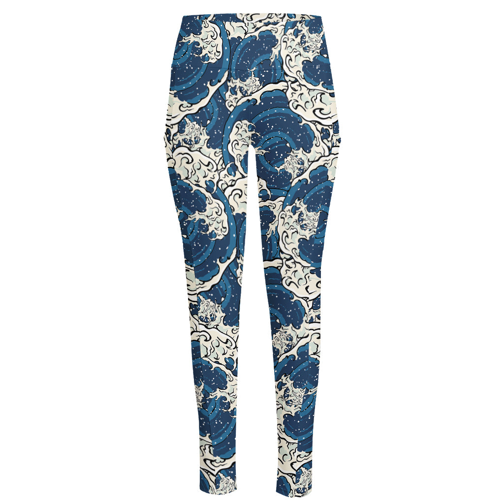 Japanese Ocean Wave Pattern Print High-Waisted Pocket Leggings