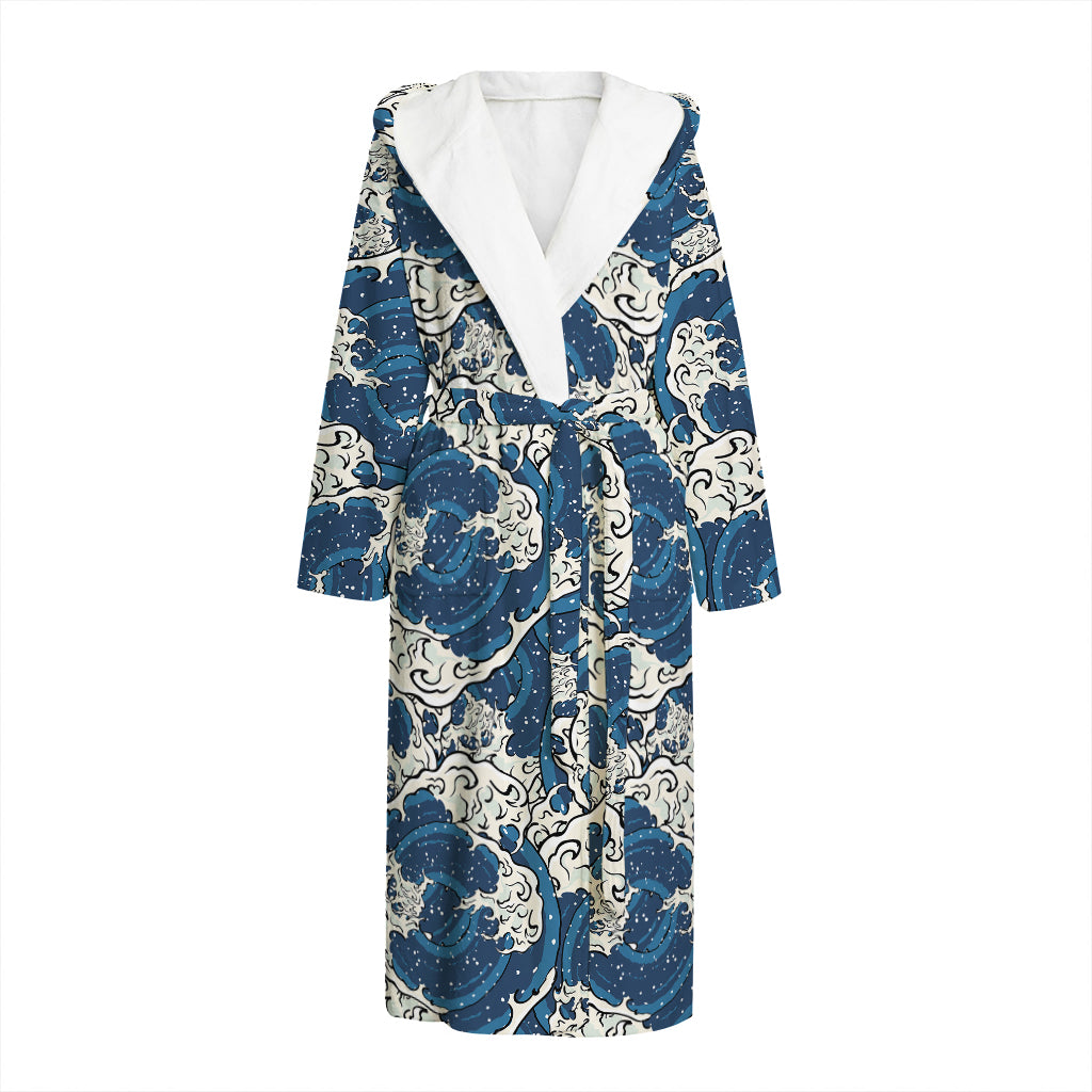 Japanese Ocean Wave Pattern Print Hooded Bathrobe