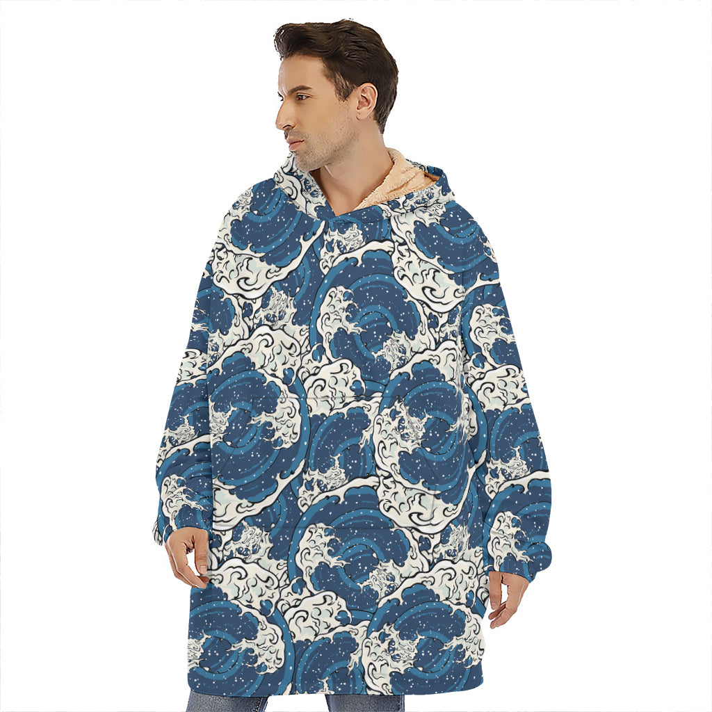 Japanese Ocean Wave Pattern Print Hoodie Blanket