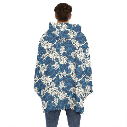 Japanese Ocean Wave Pattern Print Hoodie Blanket