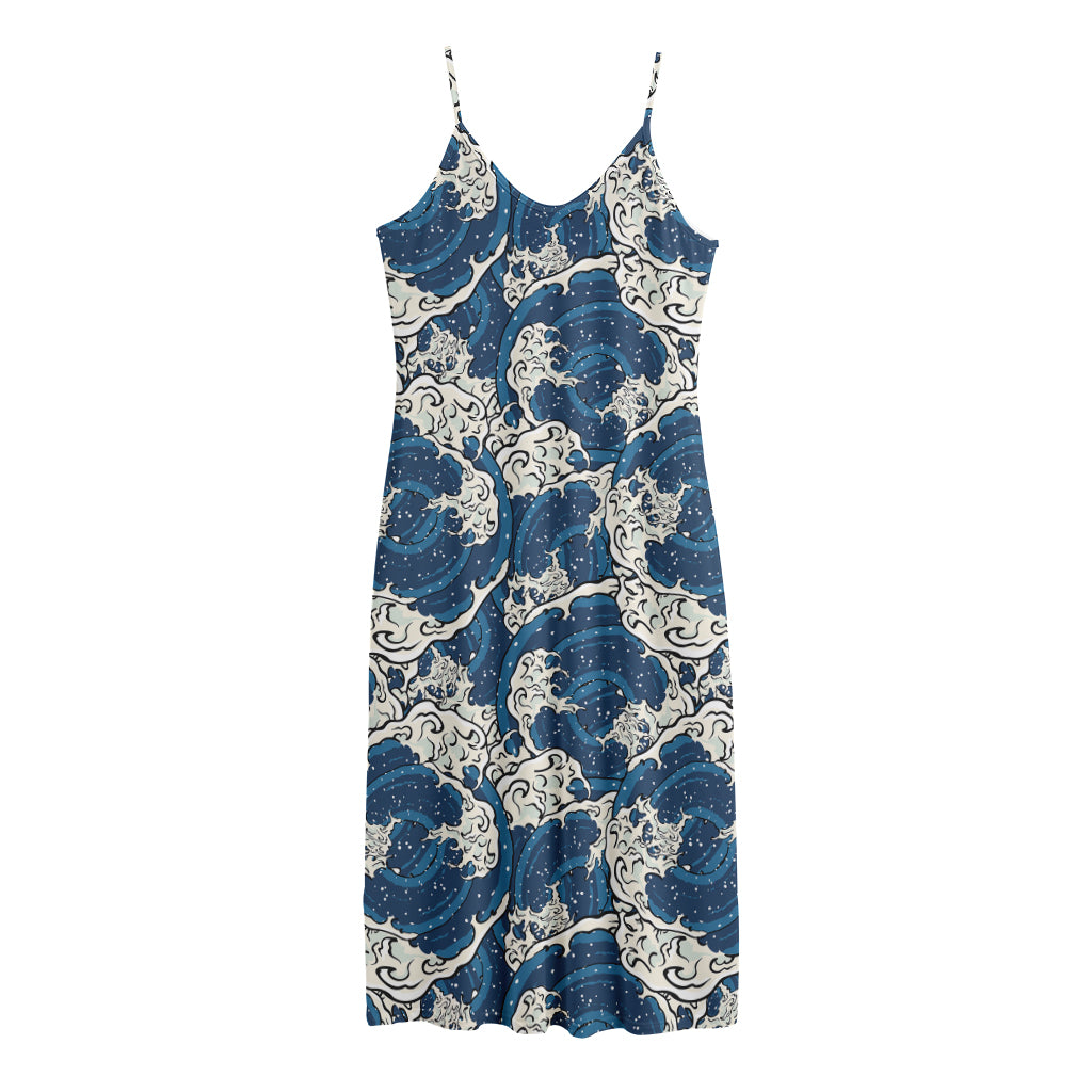 Japanese Ocean Wave Pattern Print Jersey Midi Cami Dress