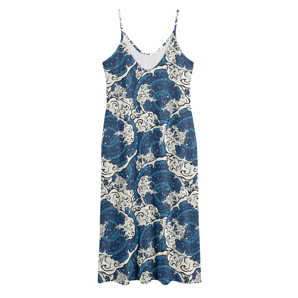 Japanese Ocean Wave Pattern Print Jersey Midi Cami Dress