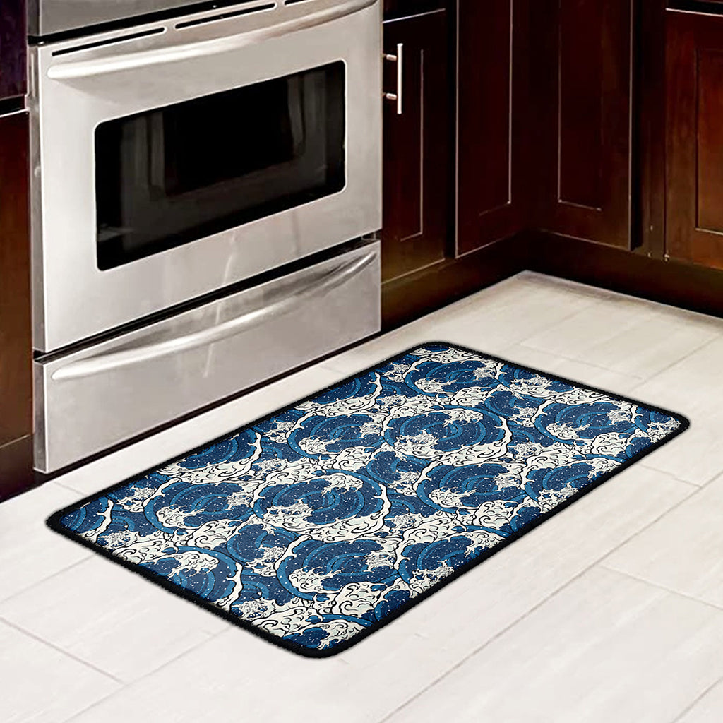 Japanese Ocean Wave Pattern Print Kitchen Mat