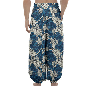 Japanese Ocean Wave Pattern Print Lantern Pants