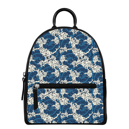 Japanese Ocean Wave Pattern Print Leather Backpack