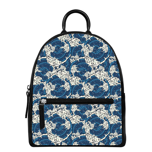Japanese Ocean Wave Pattern Print Leather Backpack