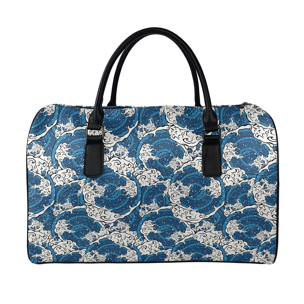 Japanese Ocean Wave Pattern Print Leather Duffle Bag