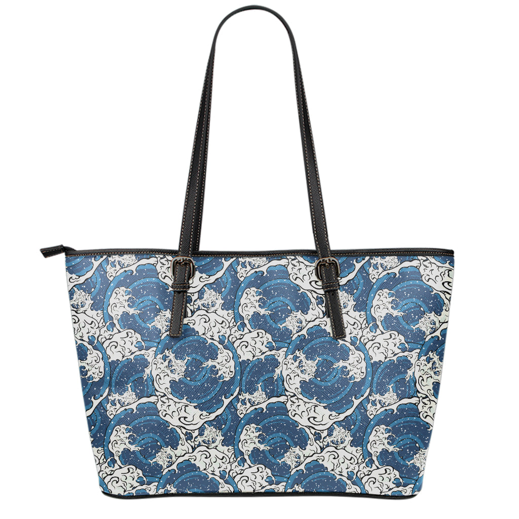 Japanese Ocean Wave Pattern Print Leather Tote Bag