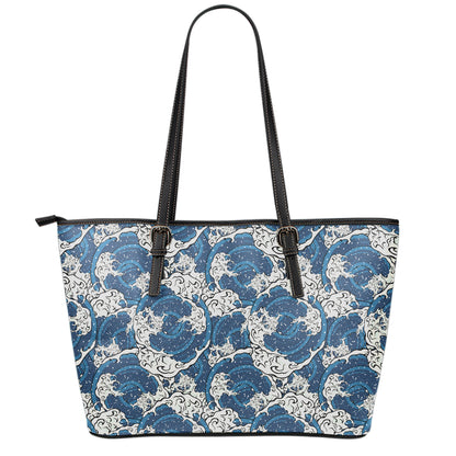 Japanese Ocean Wave Pattern Print Leather Tote Bag