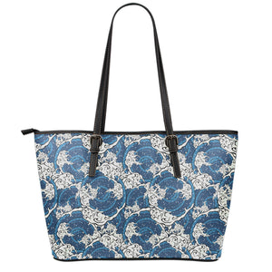 Japanese Ocean Wave Pattern Print Leather Tote Bag