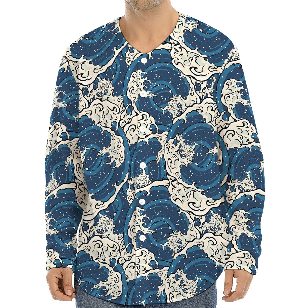 Japanese Ocean Wave Pattern Print Long Sleeve Baseball Jersey