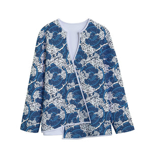 Japanese Ocean Wave Pattern Print Long Sleeve Short Coat