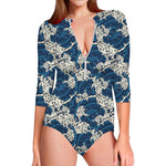 Japanese Ocean Wave Pattern Print Long Sleeve Swimsuit