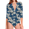 Japanese Ocean Wave Pattern Print Long Sleeve Swimsuit