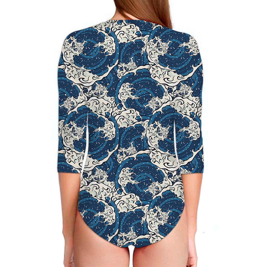 Japanese Ocean Wave Pattern Print Long Sleeve Swimsuit