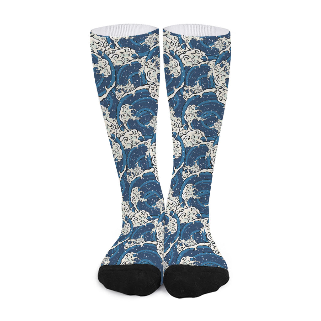 Japanese Ocean Wave Pattern Print Long Socks
