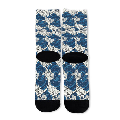 Japanese Ocean Wave Pattern Print Long Socks