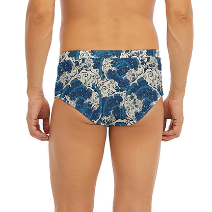 Japanese Ocean Wave Pattern Print Men's Briefs