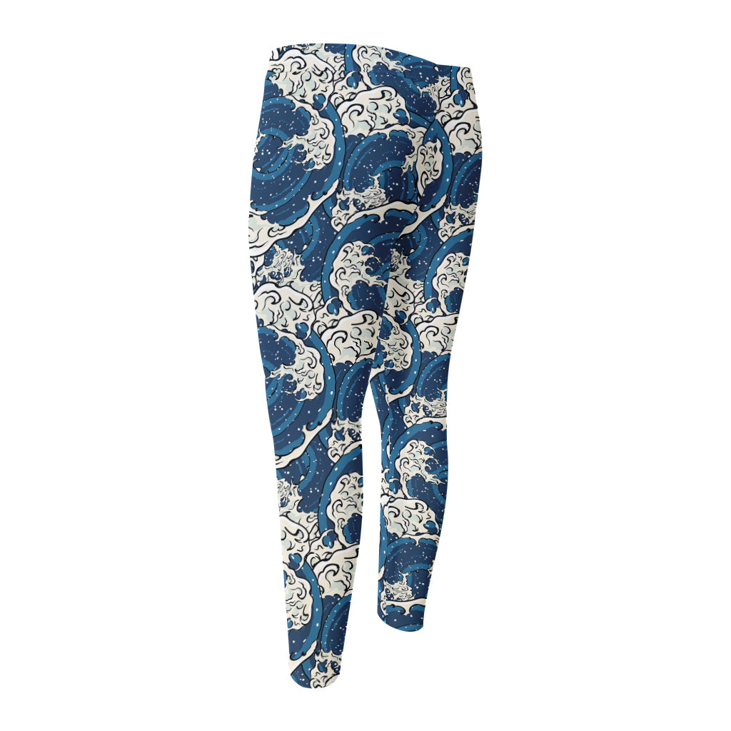 Japanese Ocean Wave Pattern Print Men's Compression Pants