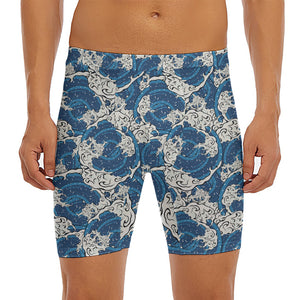 Japanese Ocean Wave Pattern Print Men's Long Boxer Briefs