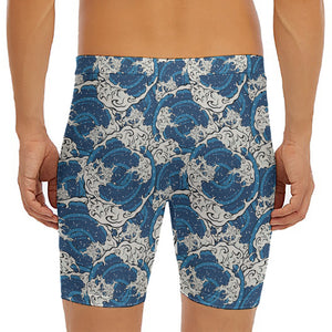 Japanese Ocean Wave Pattern Print Men's Long Boxer Briefs