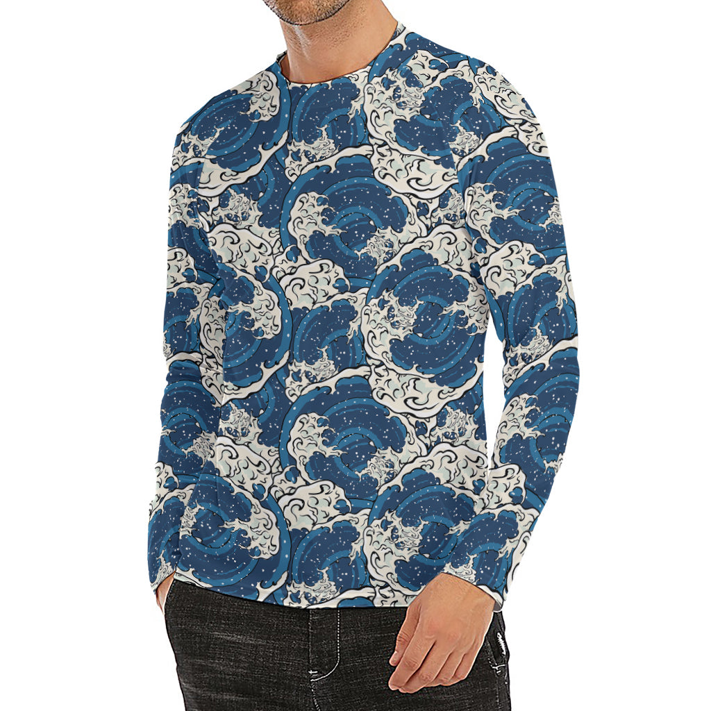 Japanese Ocean Wave Pattern Print Men's Long Sleeve Rash Guard