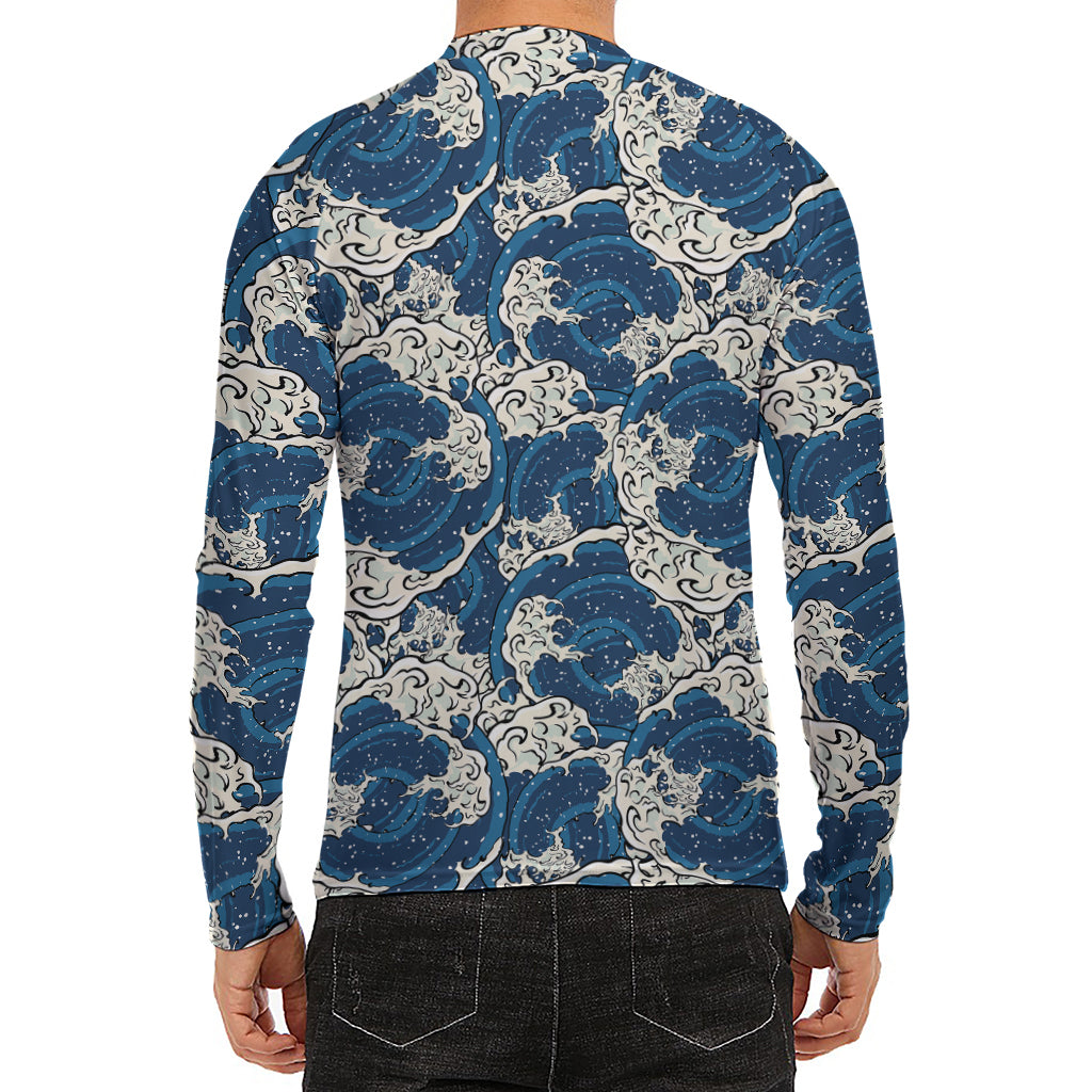 Japanese Ocean Wave Pattern Print Men's Long Sleeve Rash Guard