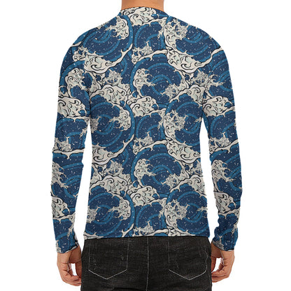 Japanese Ocean Wave Pattern Print Men's Long Sleeve Rash Guard