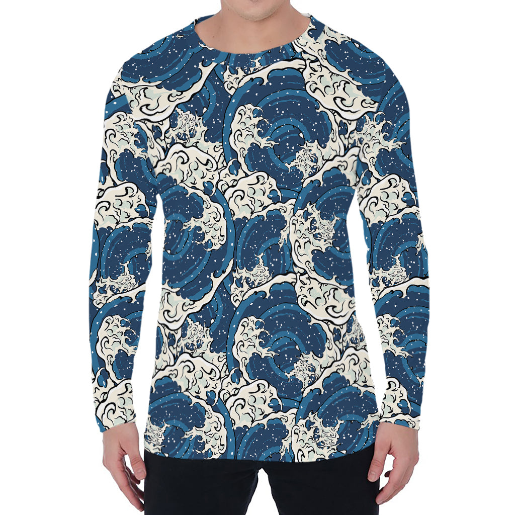 Japanese Ocean Wave Pattern Print Men's Long Sleeve T-Shirt