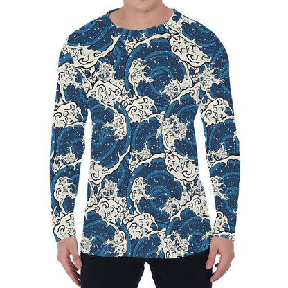 Japanese Ocean Wave Pattern Print Men's Long Sleeve T-Shirt