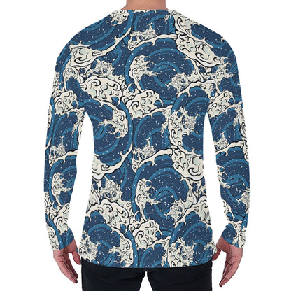 Japanese Ocean Wave Pattern Print Men's Long Sleeve T-Shirt