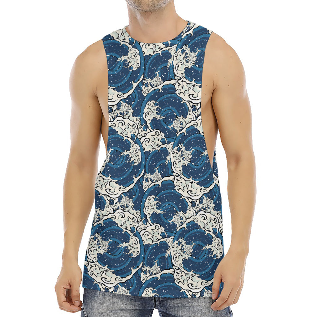 Japanese Ocean Wave Pattern Print Men's Muscle Tank Top