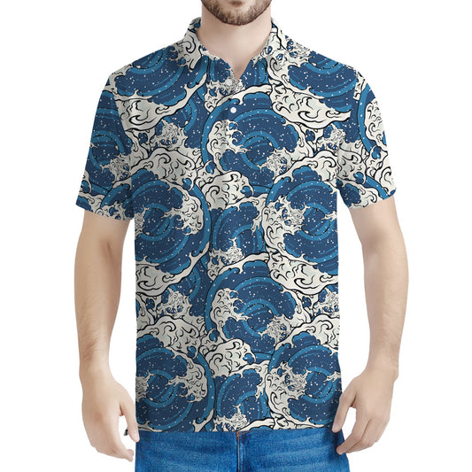 Japanese Ocean Wave Pattern Print Men's Polo Shirt